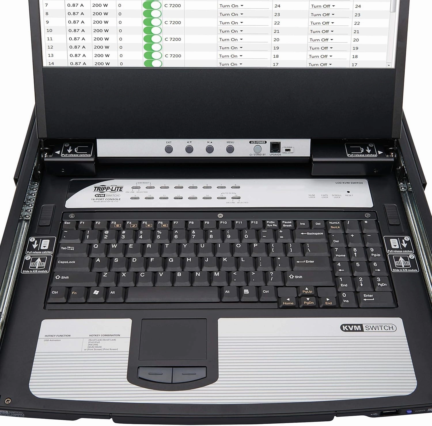 Tripp Lite, 8-Port, NetDirector, DisplayPort, KVM, Switch, Console w/ 17 in. LCD, Dual Rail, 1U Rack-Mount (B030-DP08-17D)