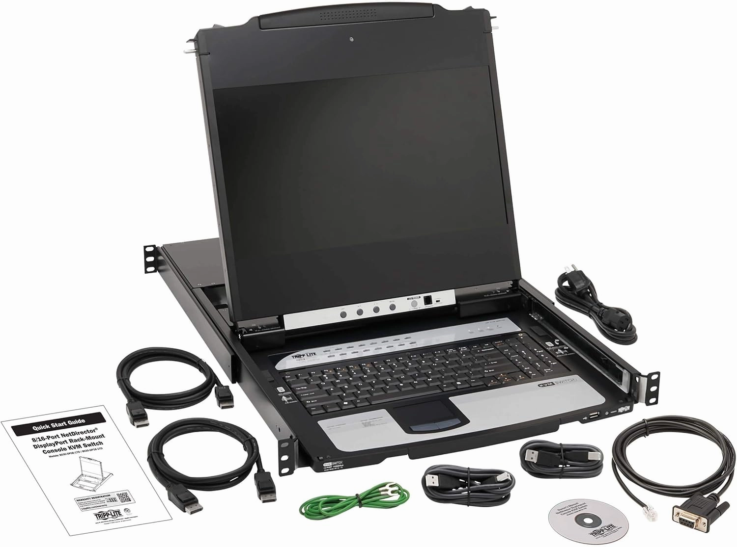 Tripp Lite, 8-Port, NetDirector, DisplayPort, KVM, Switch, Console w/ 17 in. LCD, Dual Rail, 1U Rack-Mount (B030-DP08-17D)