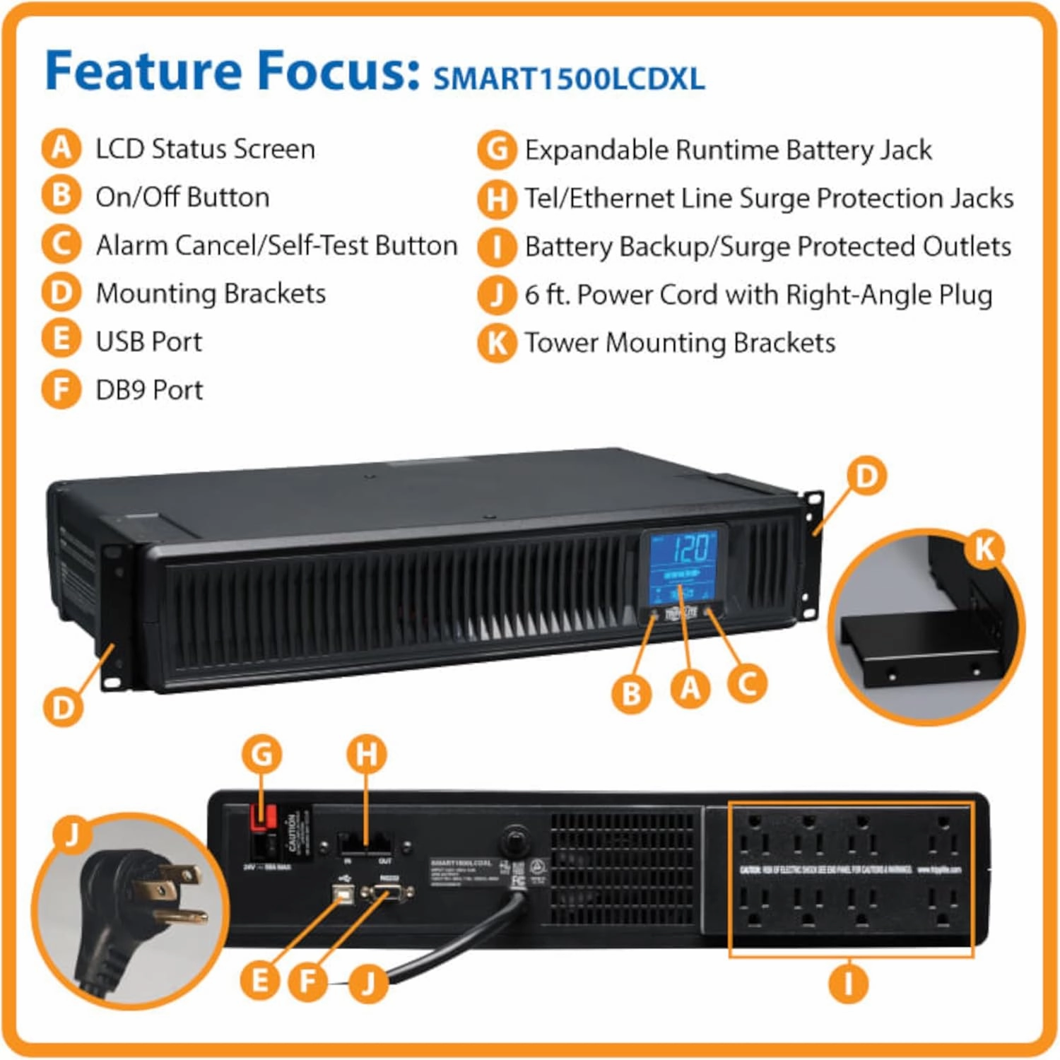 Tripp Lite SMART1500LCDXL 1500VA Smart UPS Back Up, 900W Rack-Mount/Tower, LCD, AVR, Extended Runtime Option, USB, DB9, 3 Year Warranty & Dollar 250,000 Insurance Black