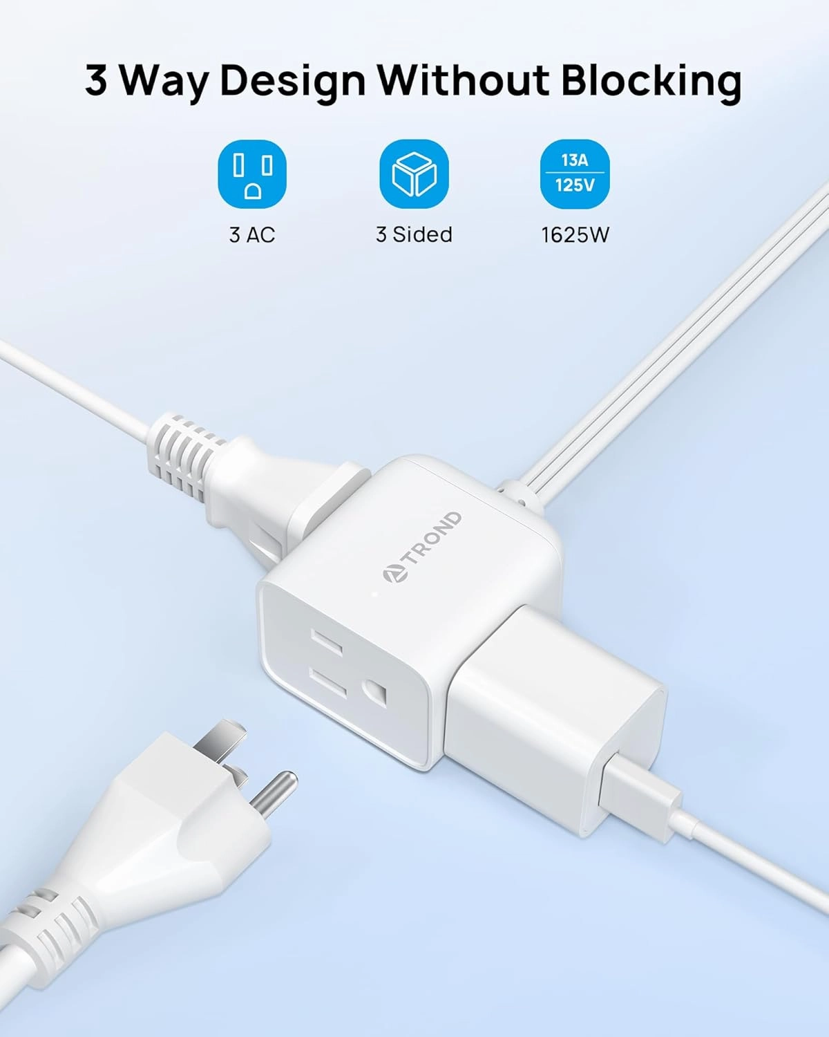 TROND Flat Extension Cord 6 Feet - Right Angled Flat Plug Power Strip, 3 Grounded Plug Extension Outlets, Three Prong, SPT 16/3 Gauge Wire, 13A, Small for Indoor Home Office Cruise Ship Travel, White