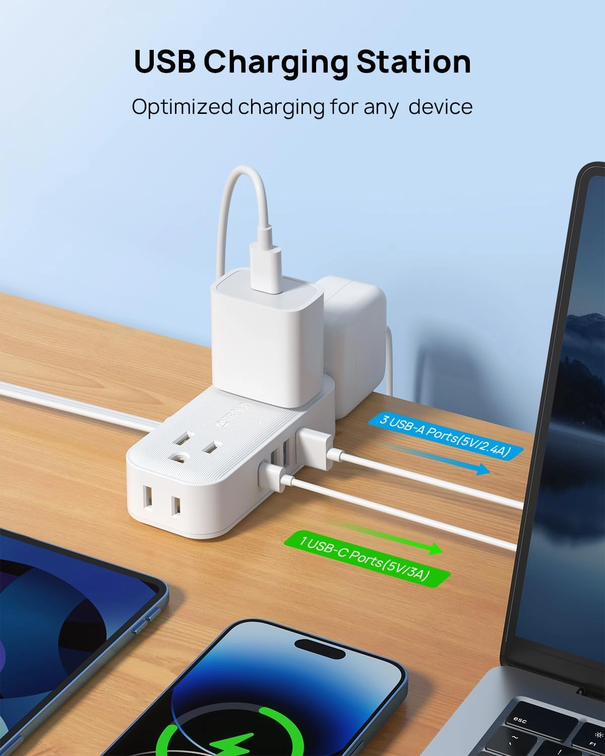 TROND Travel Power Strip with USB Ports, 5ft Flat Plug Extension Cord with Multiple Outlets, Small Wall Mount Extender Adapter for Office Dorm Room Essentials, White