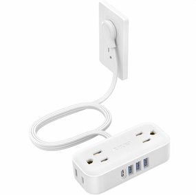 TROND Travel Power Strip with USB Ports, 5ft Flat Plug Extension Cord with Multiple Outlets, Small Wall Mount Extender Adapter for Office Dorm Room Essentials, White power cord,hi-fi power cable,AC power lead,