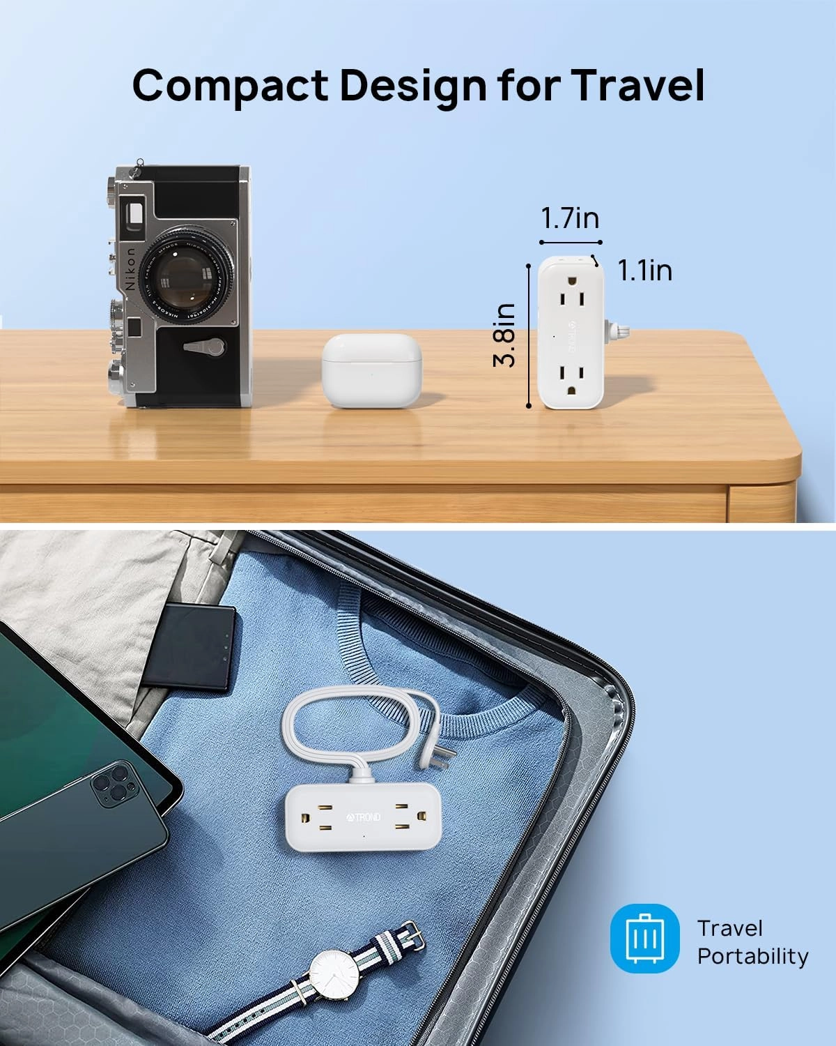 TROND Travel Power Strip with USB Ports, 5ft Flat Plug Extension Cord with Multiple Outlets, Small Wall Mount Extender Adapter for Office Dorm Room Essentials, White