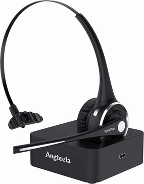 Trucker Bluetooth Angteela Headset with Microphone, Wireless Cell Phone Headset with Noise Canceling Mic Charging Base Mute Function for Home Office Call Center Skype noise cancelling headphones,ANC headphones,travel headphones,