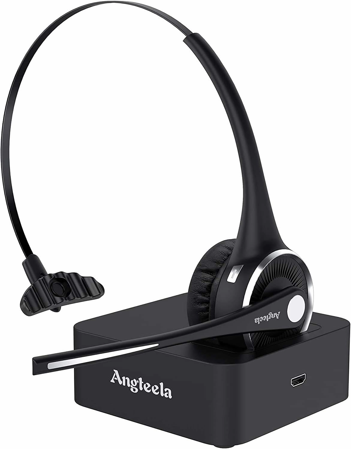 Trucker Bluetooth Angteela Headset with Microphone, Wireless Cell Phone Headset with Noise Canceling Mic Charging Base Mute Function for Home Office Call Center Skype noise cancelling headphones,ANC headphones,travel headphones,