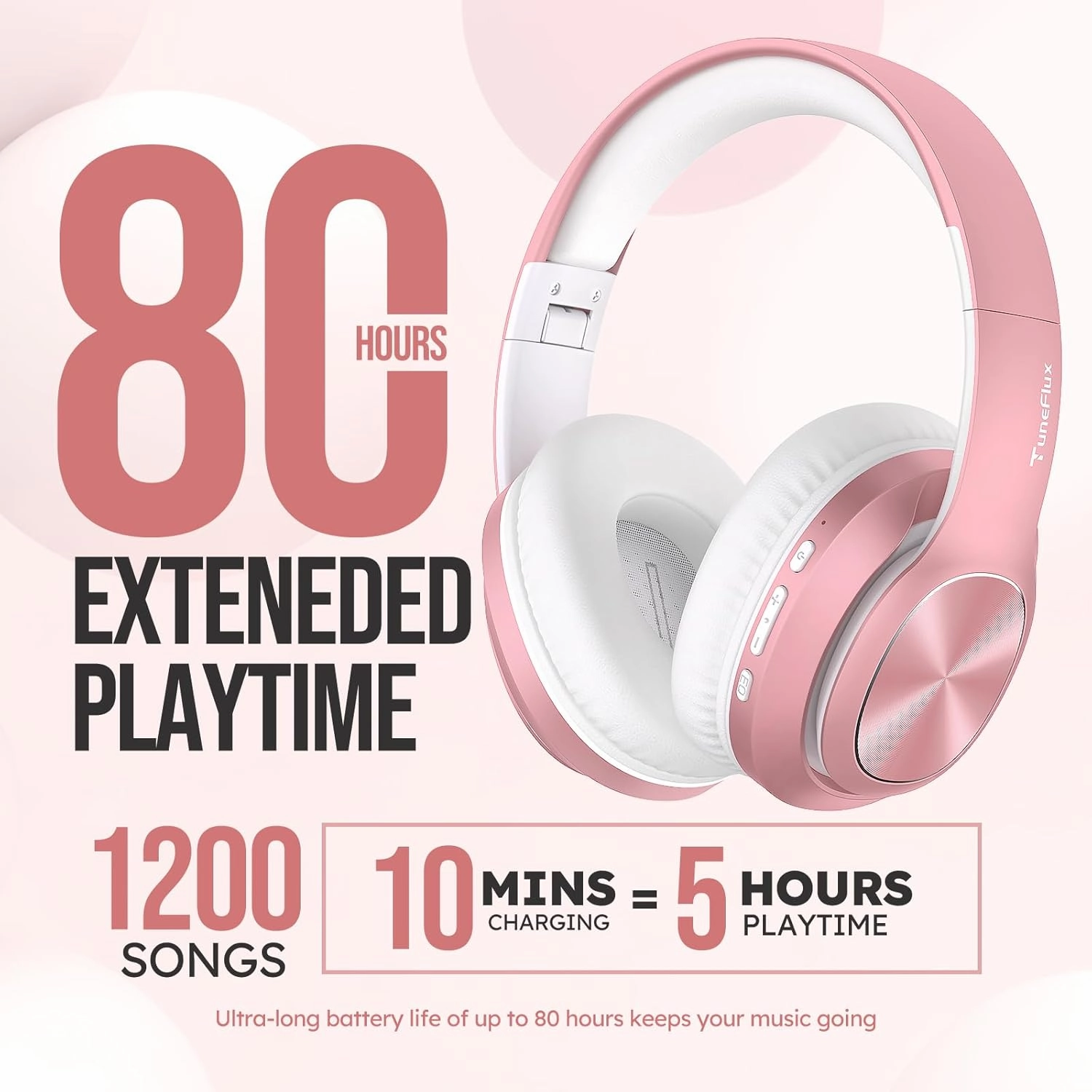 TuneFlux Wireless Bluetooth Headphones Over Ear, 80H Playtime, 3EQ Sound Modes, HiFi Stereo Headphones with Deep Bass, Foldable Bluetooth 5.3 Headsets for Smartphone/PC/Computer-Rose Gold