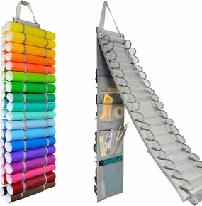 Tunnkit Vinyl Roll Holder - 36 Compartments Vinyl Storage Organizer with 7 Mesh Pockets Storage, Wall Mount/Over The Door Vinyl Roll Storage, with 2 Hooks and 2 Hanging Straps (Grey) vinyl storage,record holder,LP organizer,