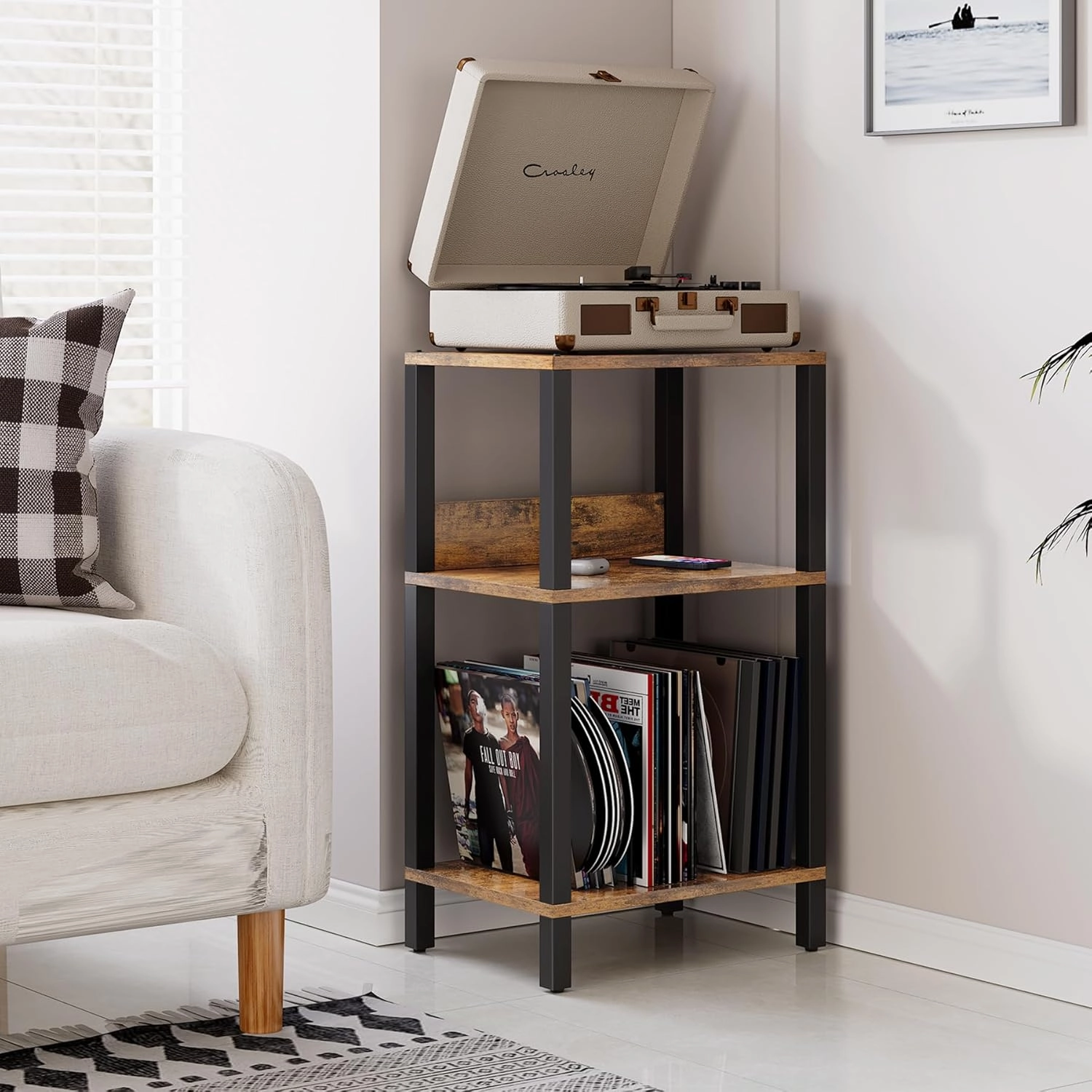 TUTOTAK Record Player Stand with Storage Up to 100 Albums,Record Storage Table,3 Tier End Table,Side Table for Living Room, Bedroom, Brown TB01BB075