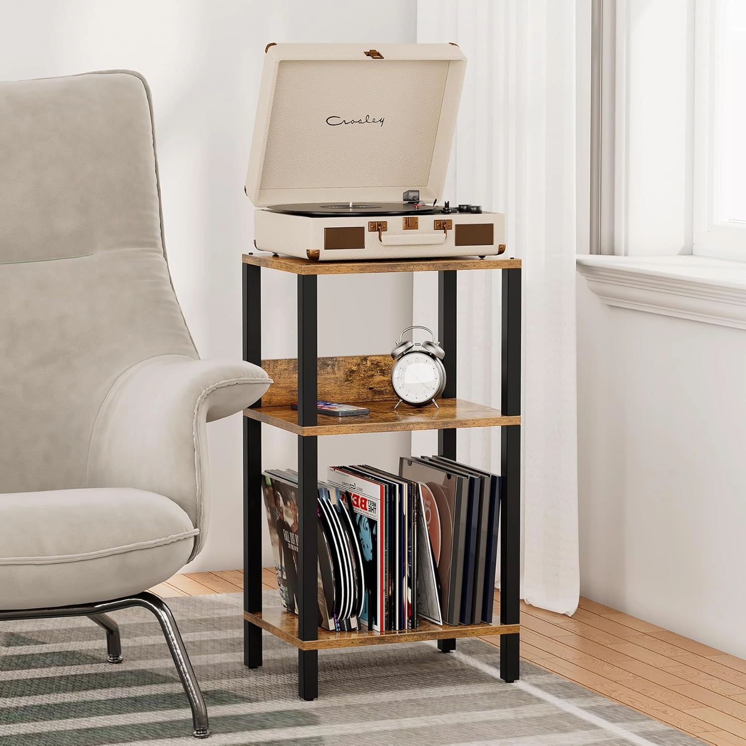 TUTOTAK Record Player Stand with Storage Up to 100 Albums,Record Storage Table,3 Tier End Table,Side Table for Living Room, Bedroom, Brown TB01BB075