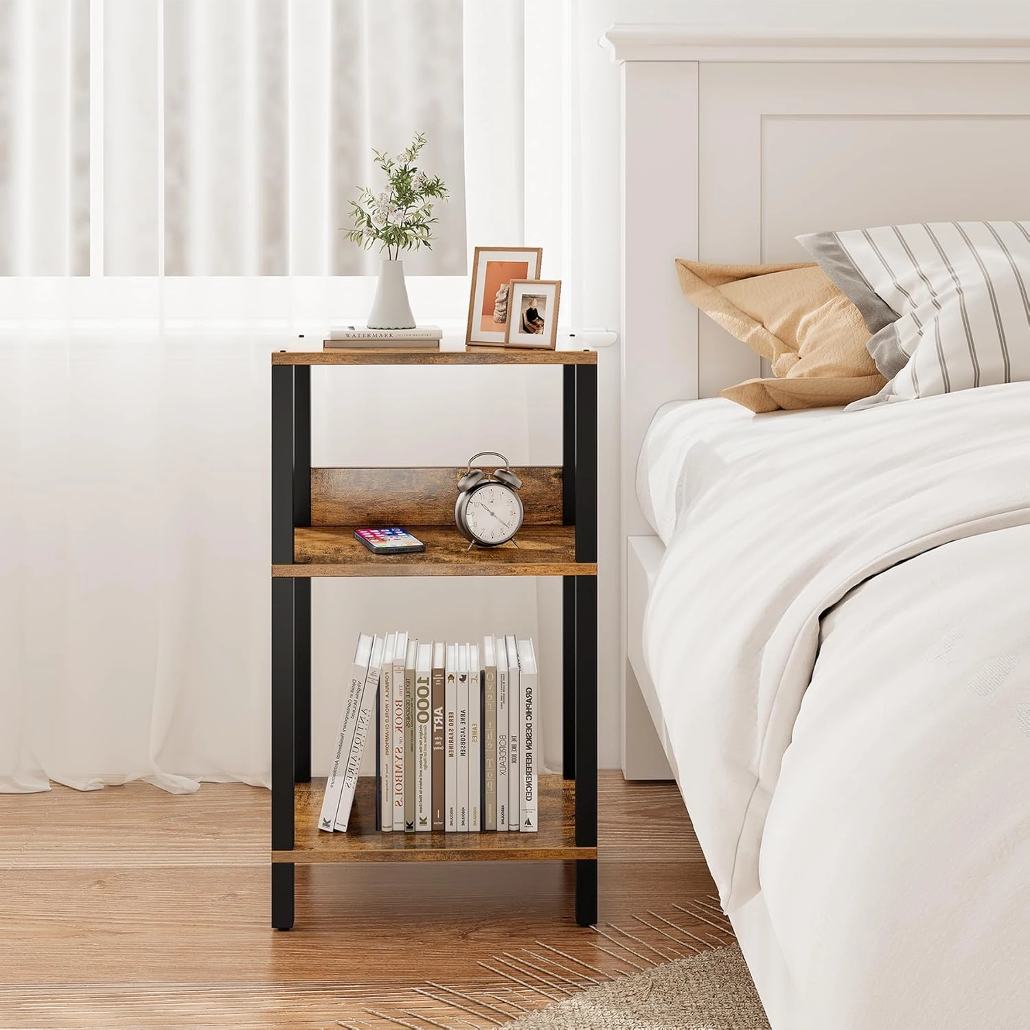 TUTOTAK Record Player Stand with Storage Up to 100 Albums,Record Storage Table,3 Tier End Table,Side Table for Living Room, Bedroom, Brown TB01BB075