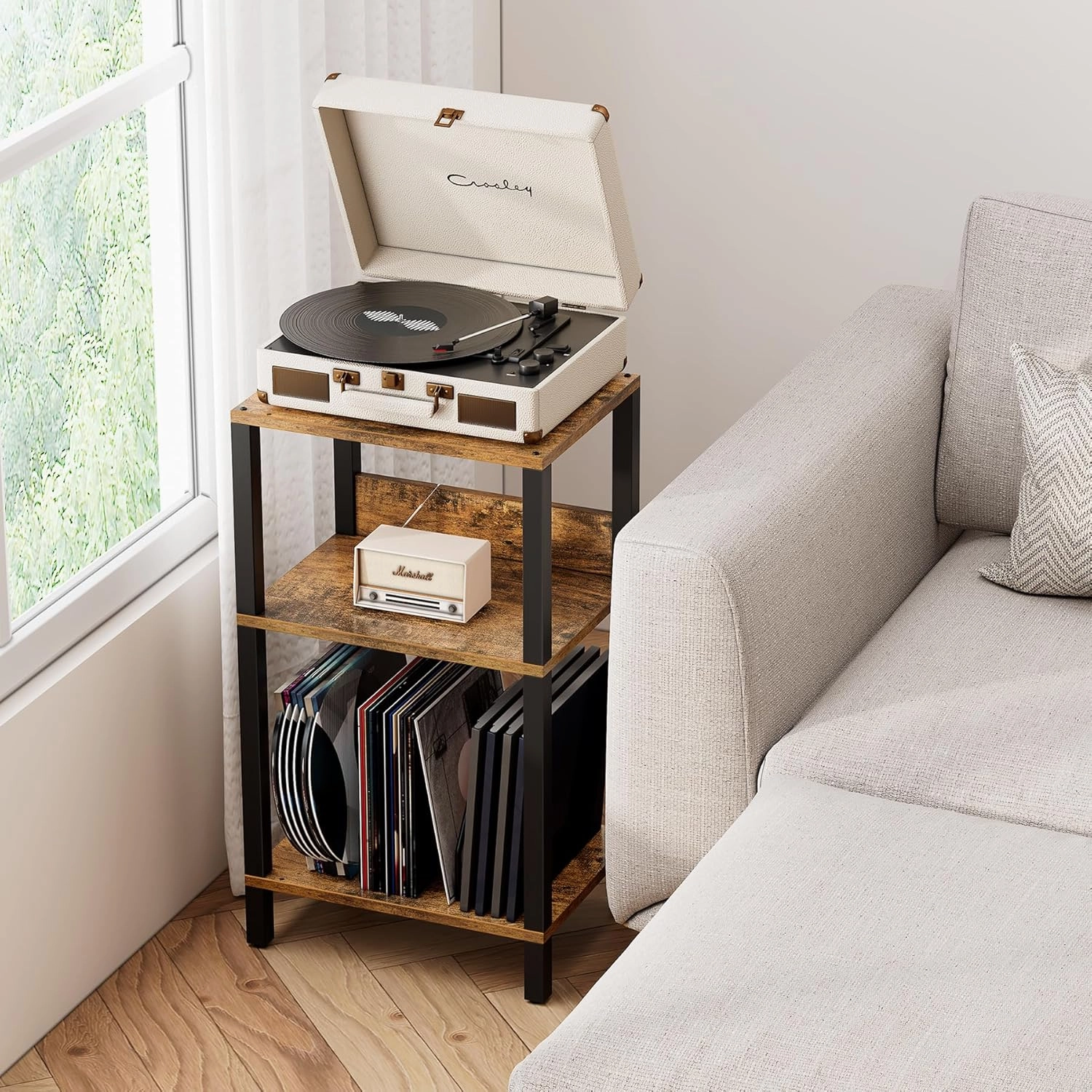 TUTOTAK Record Player Stand with Storage Up to 100 Albums,Record Storage Table,3 Tier End Table,Side Table for Living Room, Bedroom, Brown TB01BB075