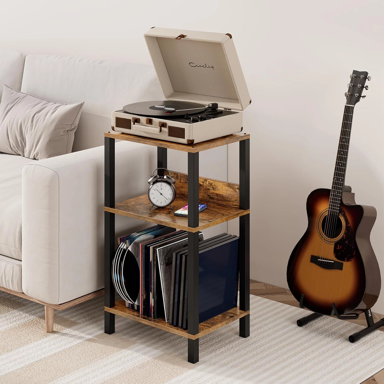 TUTOTAK Record Player Stand with Storage Up to 100 Albums,Record Storage Table,3 Tier End Table,Side Table for Living Room, Bedroom, Brown TB01BB075