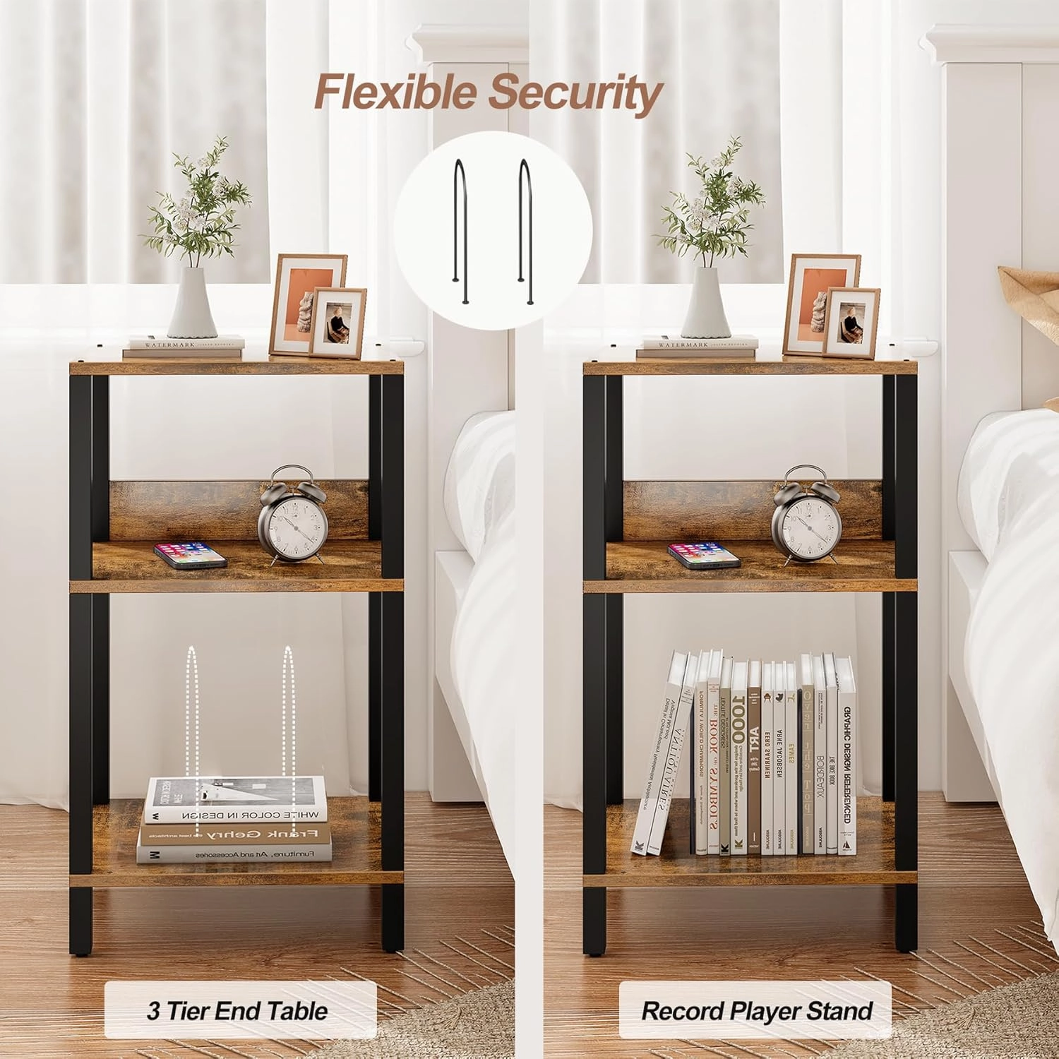 TUTOTAK Record Player Stand with Storage Up to 100 Albums,Record Storage Table,3 Tier End Table,Side Table for Living Room, Bedroom, Brown TB01BB075