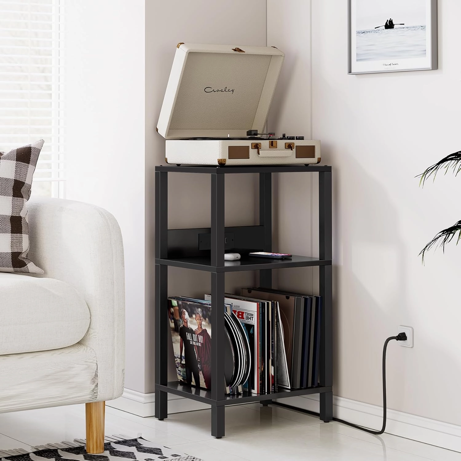 TUTOTAK Record Player Stand with Storage Up to 100 AlbumsRecord Storage Table,3 Tier End Table with Charging Station,Side Table for Living Room, Bedroom, Black TB01BK076