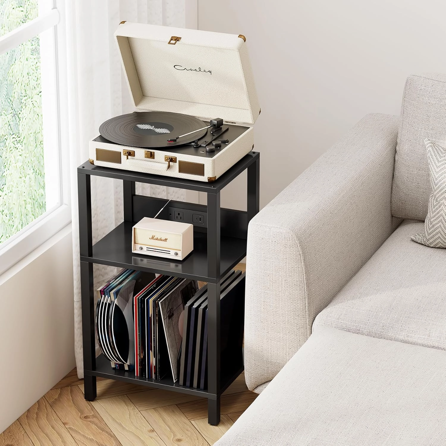 TUTOTAK Record Player Stand with Storage Up to 100 AlbumsRecord Storage Table,3 Tier End Table with Charging Station,Side Table for Living Room, Bedroom, Black TB01BK076
