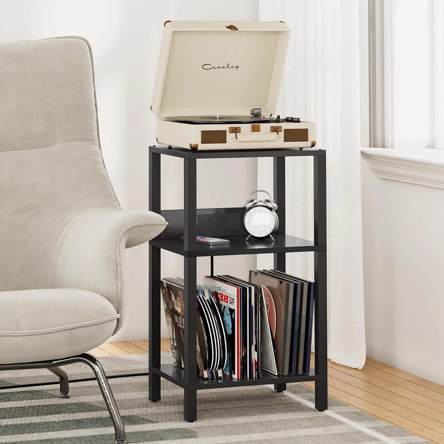 TUTOTAK Record Player Stand with Storage Up to 100 AlbumsRecord Storage Table,3 Tier End Table with Charging Station,Side Table for Living Room, Bedroom, Black TB01BK076