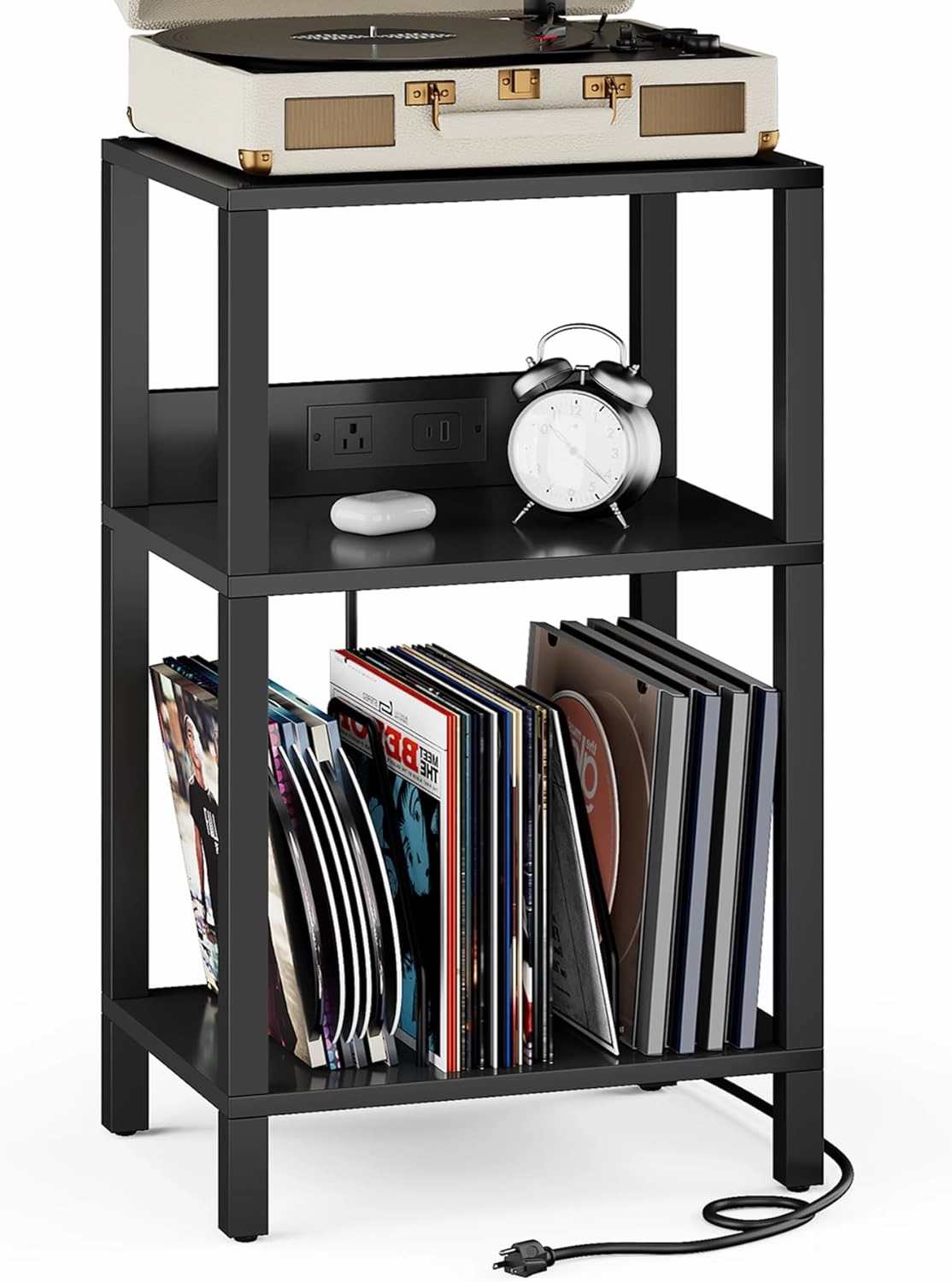 TUTOTAK Record Player Stand with Storage Up to 100 AlbumsRecord Storage Table,3 Tier End Table with Charging Station,Side Table for Living Room, Bedroom, Black TB01BK076 vinyl storage,record holder,LP organizer,