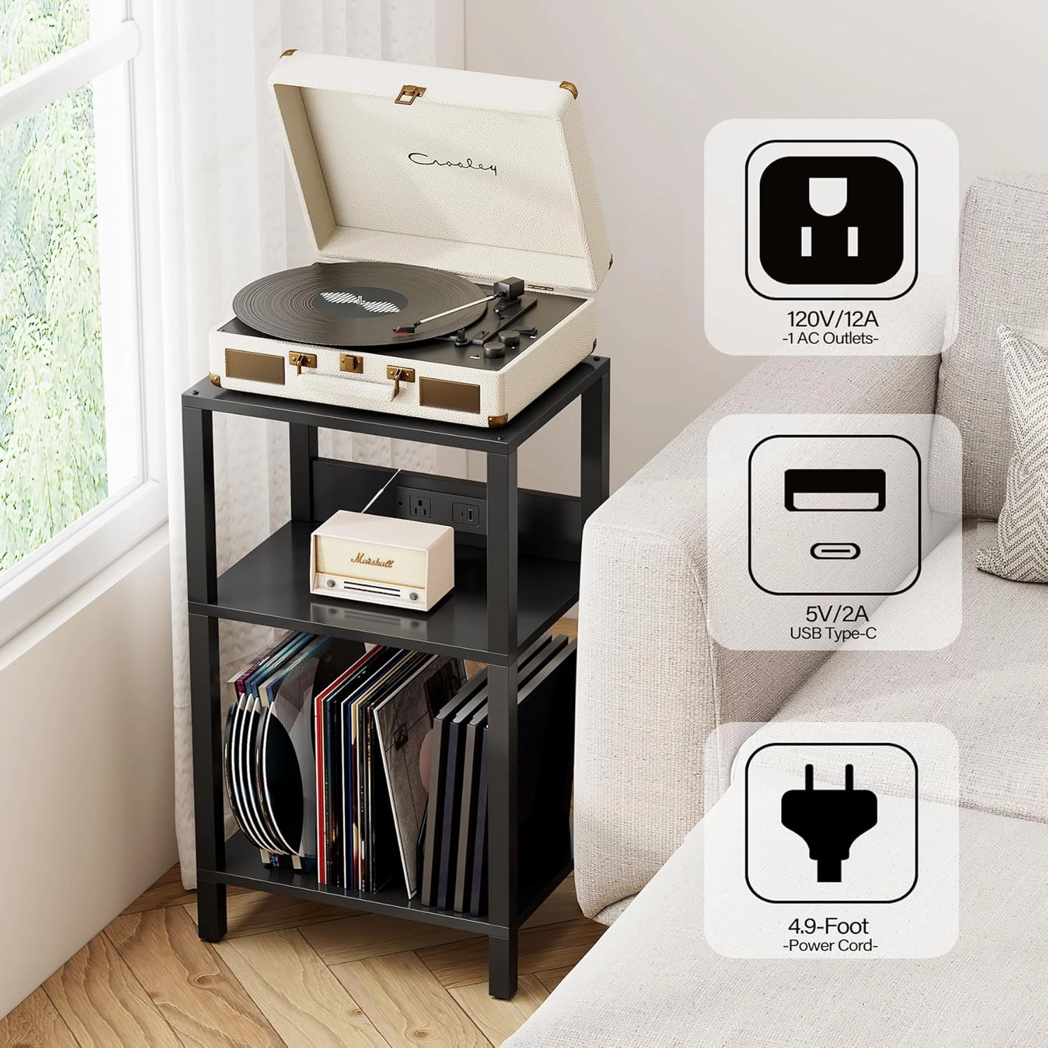 TUTOTAK Record Player Stand with Storage Up to 100 AlbumsRecord Storage Table,3 Tier End Table with Charging Station,Side Table for Living Room, Bedroom, Black TB01BK076