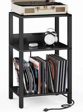 TUTOTAK Record Player Stand with Storage Up to 100 AlbumsRecord Storage Table,3 Tier End Table with Charging Station,Side Table for Living Room, Bedroom, Black TB01BK076 vinyl storage,record holder,LP organizer,