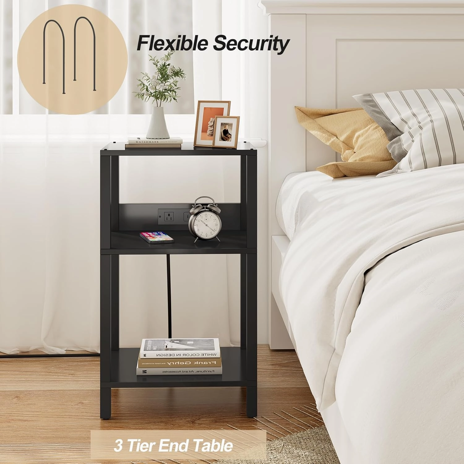 TUTOTAK Record Player Stand with Storage Up to 100 AlbumsRecord Storage Table,3 Tier End Table with Charging Station,Side Table for Living Room, Bedroom, Black TB01BK076
