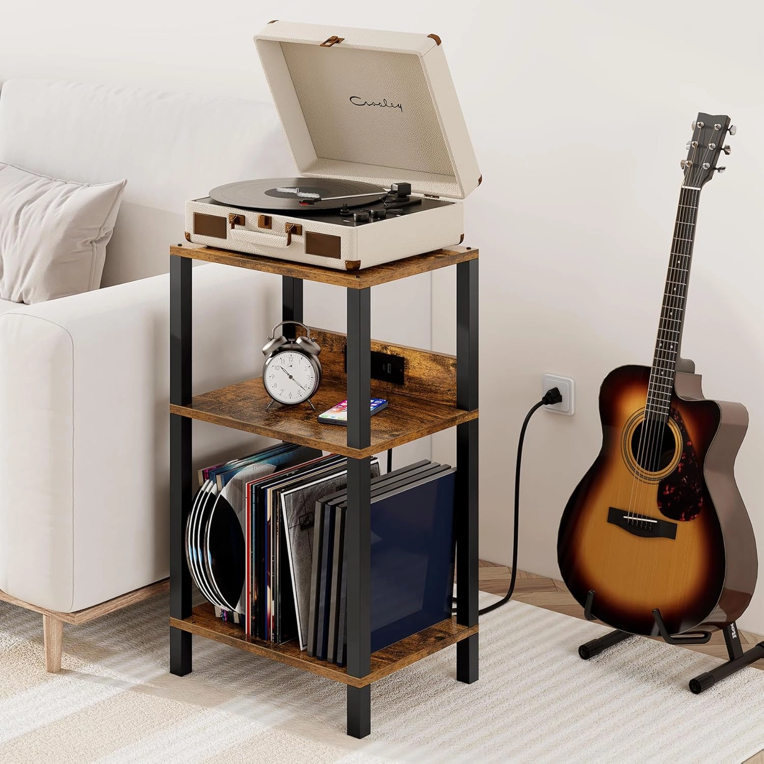 TUTOTAK Record Player Stand with Storage Up to 100 AlbumsRecord Storage Table,3 Tier End Table with Charging Station,Side Table for Living Room, Bedroom, Brown TB01BB076