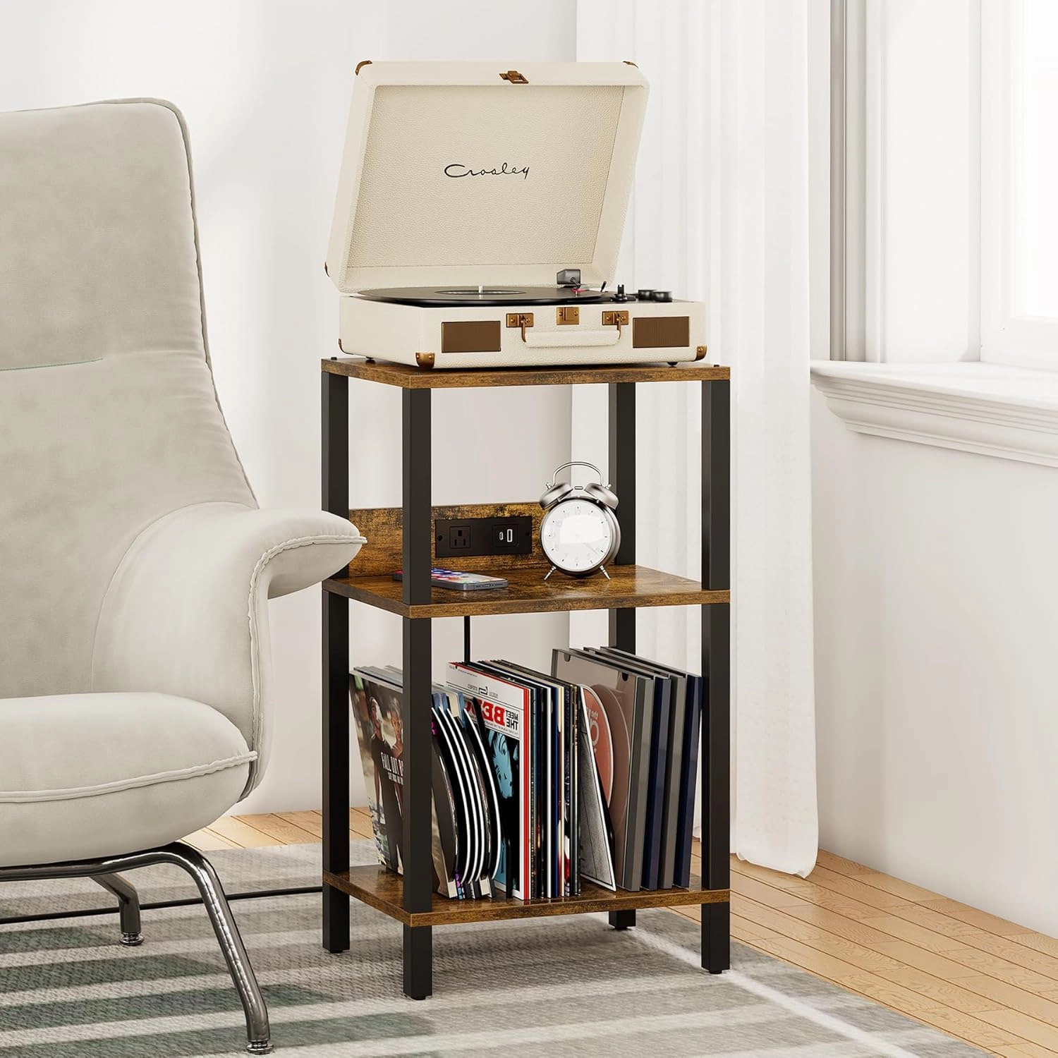 TUTOTAK Record Player Stand with Storage Up to 100 AlbumsRecord Storage Table,3 Tier End Table with Charging Station,Side Table for Living Room, Bedroom, Brown TB01BB076