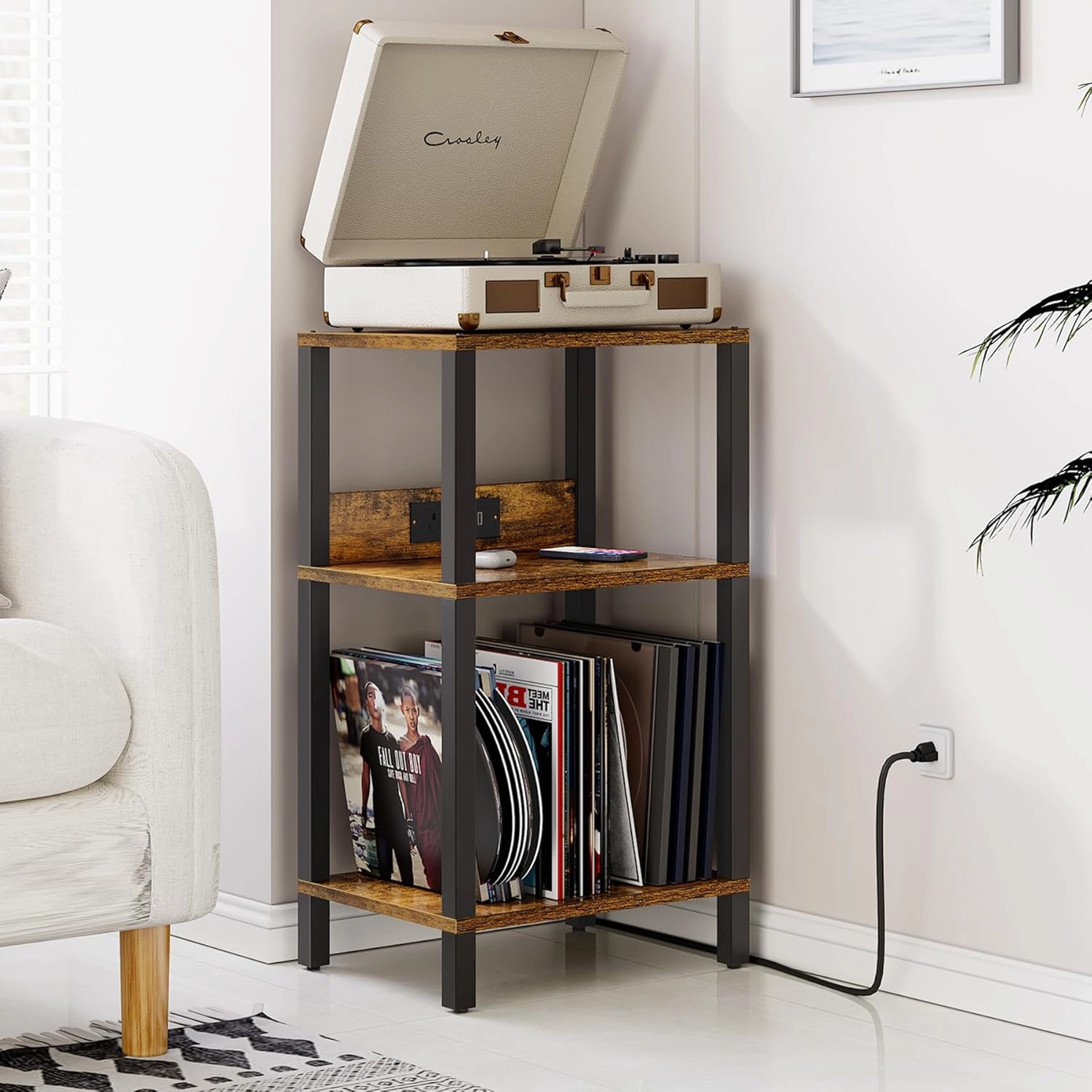 TUTOTAK Record Player Stand with Storage Up to 100 AlbumsRecord Storage Table,3 Tier End Table with Charging Station,Side Table for Living Room, Bedroom, Brown TB01BB076