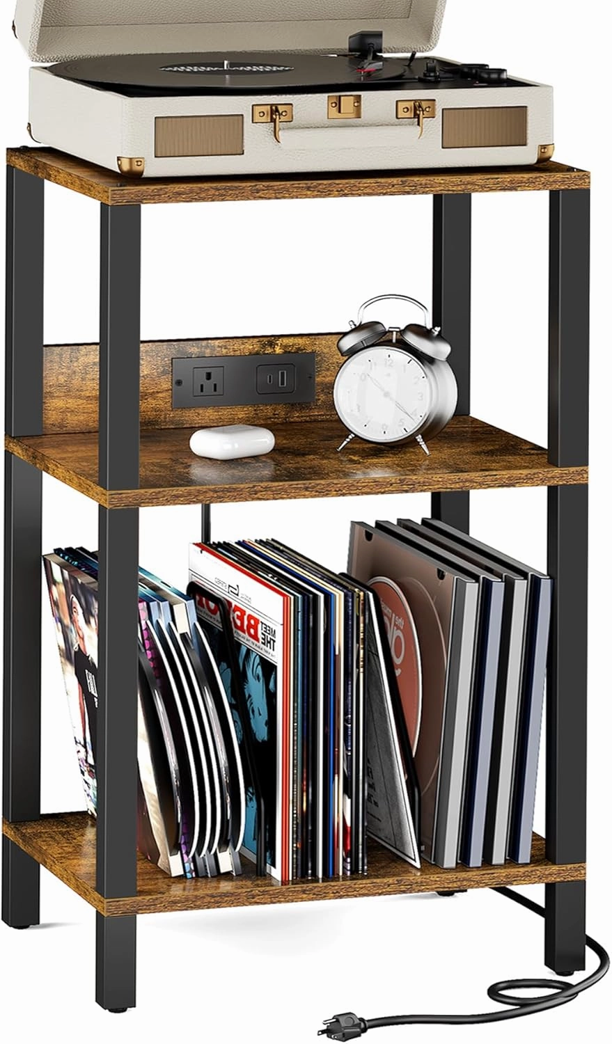 TUTOTAK Record Player Stand with Storage Up to 100 AlbumsRecord Storage Table,3 Tier End Table with Charging Station,Side Table for Living Room, Bedroom, Brown TB01BB076 vinyl accessories,turntable parts,record player tools,