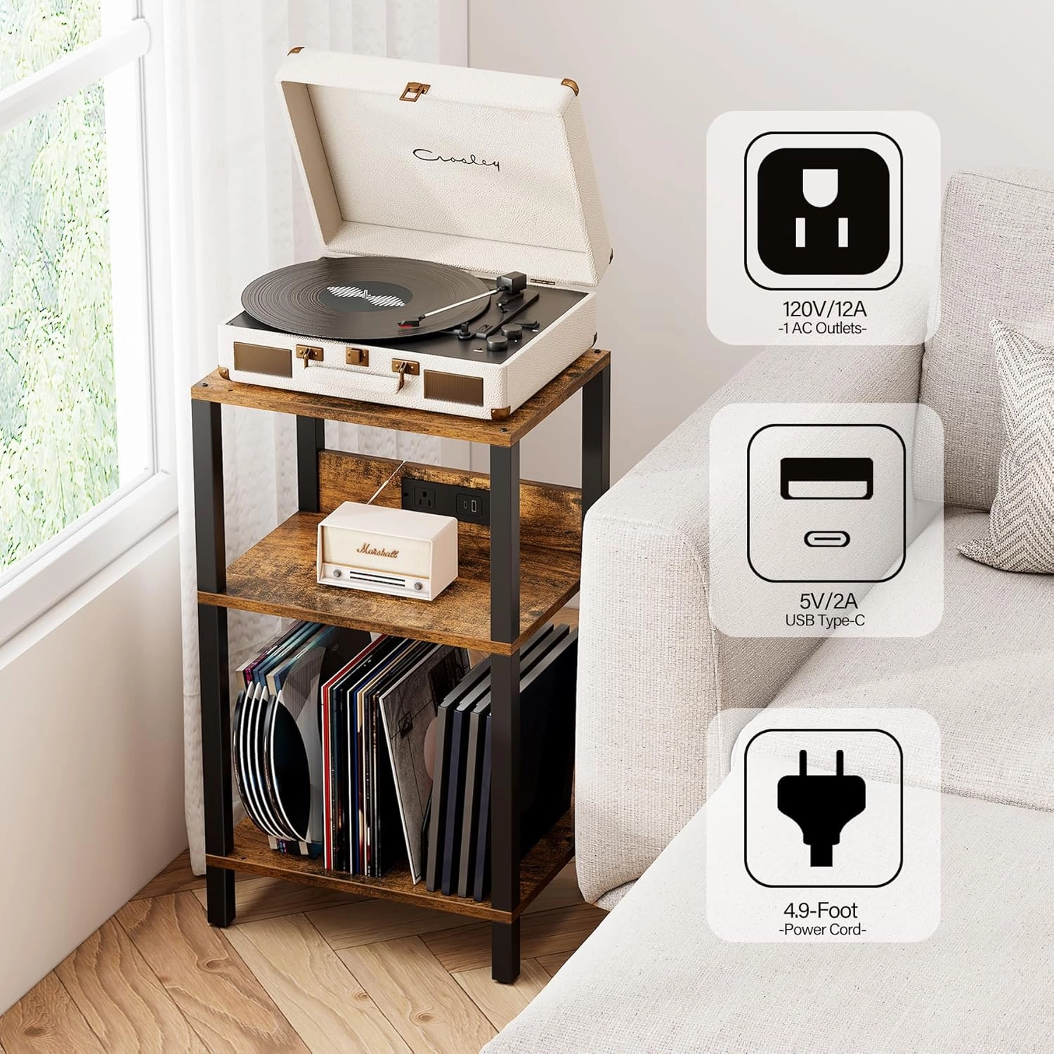 TUTOTAK Record Player Stand with Storage Up to 100 AlbumsRecord Storage Table,3 Tier End Table with Charging Station,Side Table for Living Room, Bedroom, Brown TB01BB076