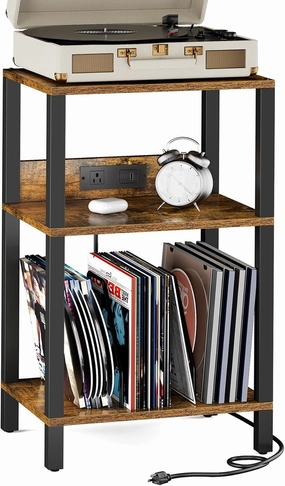 TUTOTAK Record Player Stand with Storage Up to 100 AlbumsRecord Storage Table,3 Tier End Table with Charging Station,Side Table for Living Room, Bedroom, Brown TB01BB076 vinyl accessories,turntable parts,record player tools,