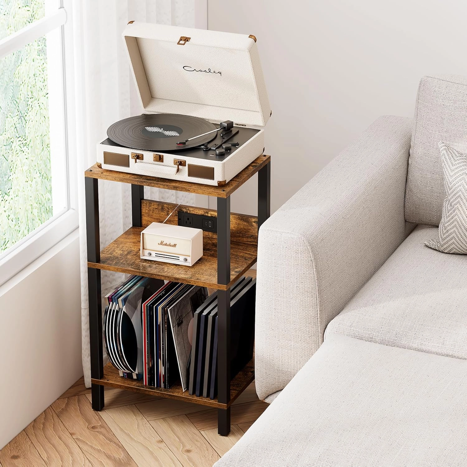 TUTOTAK Record Player Stand with Storage Up to 100 AlbumsRecord Storage Table,3 Tier End Table with Charging Station,Side Table for Living Room, Bedroom, Brown TB01BB076