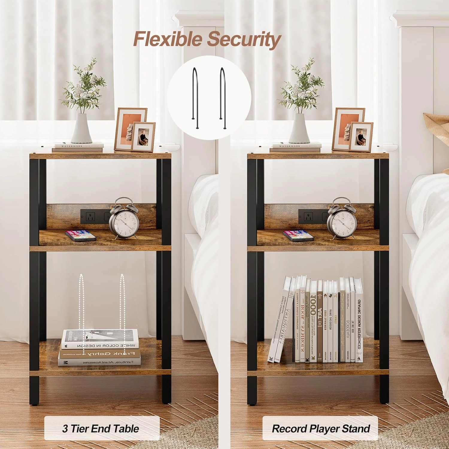 TUTOTAK Record Player Stand with Storage Up to 100 AlbumsRecord Storage Table,3 Tier End Table with Charging Station,Side Table for Living Room, Bedroom, Brown TB01BB076