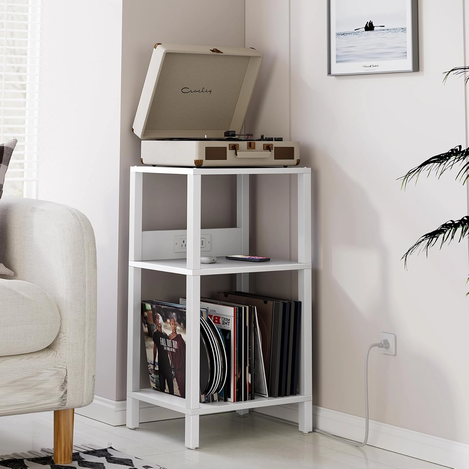 TUTOTAK Record Player Stand with Storage Up to 100 AlbumsRecord Storage Table,3 Tier End Table with Charging Station,Side Table for Living Room, Bedroom, White TB01BW076