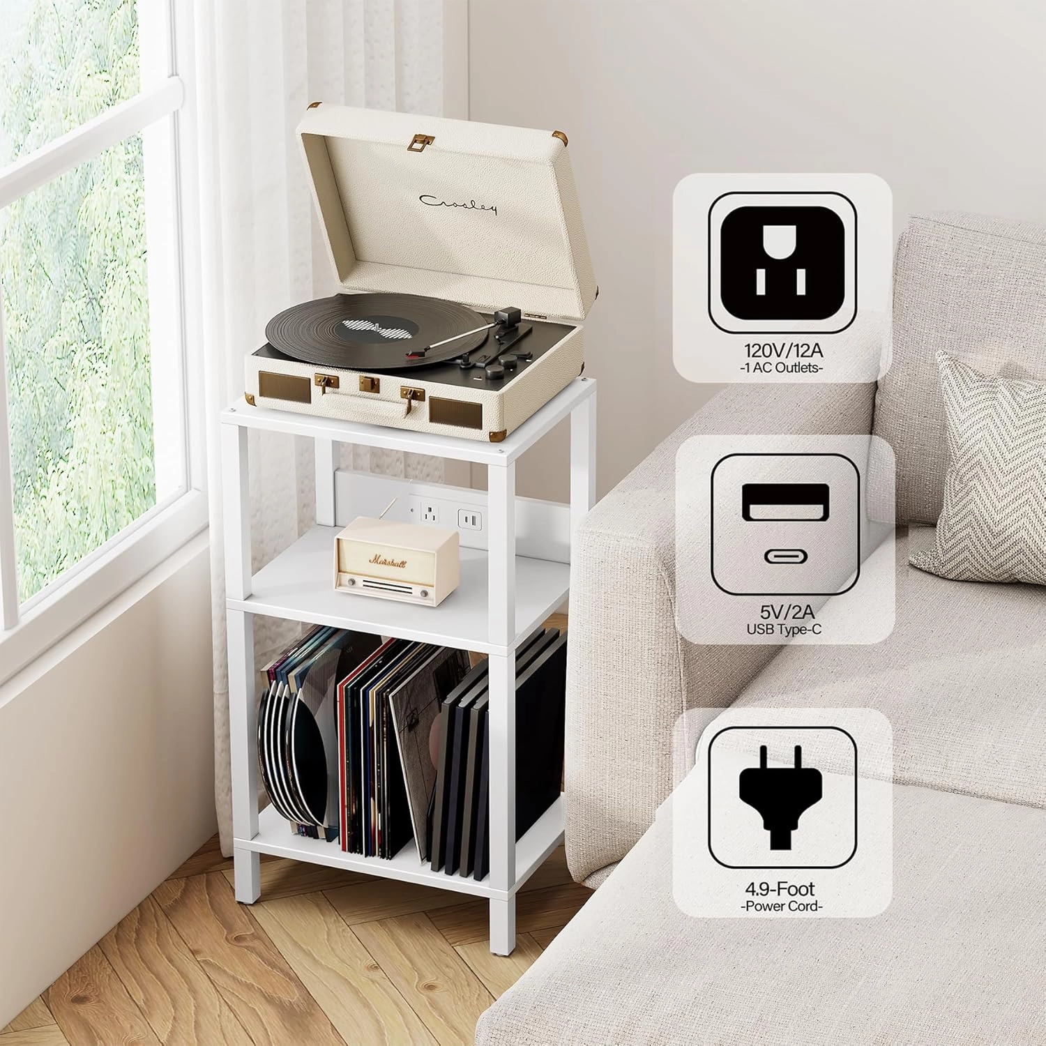 TUTOTAK Record Player Stand with Storage Up to 100 AlbumsRecord Storage Table,3 Tier End Table with Charging Station,Side Table for Living Room, Bedroom, White TB01BW076