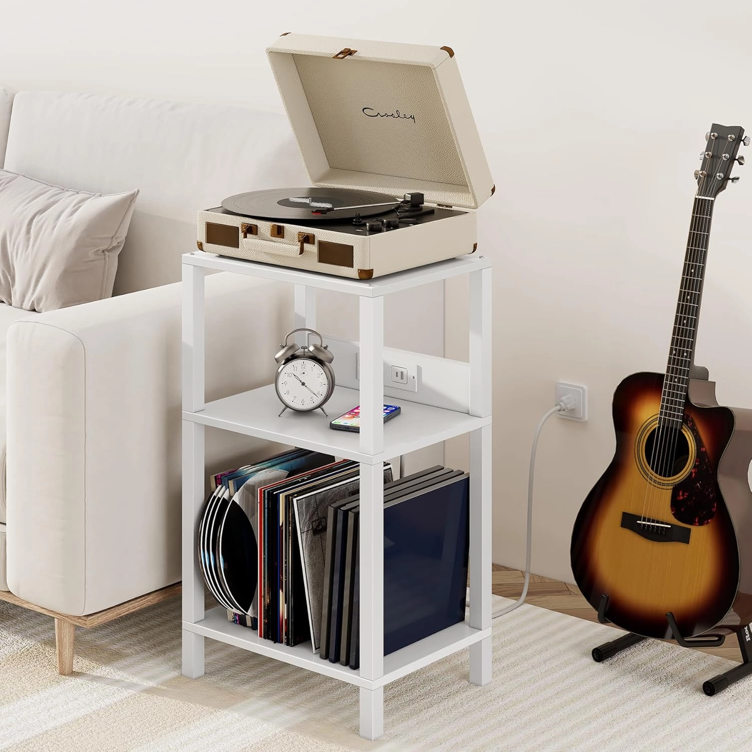 TUTOTAK Record Player Stand with Storage Up to 100 AlbumsRecord Storage Table,3 Tier End Table with Charging Station,Side Table for Living Room, Bedroom, White TB01BW076