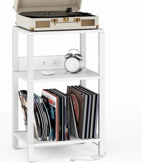 TUTOTAK Record Player Stand with Storage Up to 100 AlbumsRecord Storage Table,3 Tier End Table with Charging Station,Side Table for Living Room, Bedroom, White TB01BW076 vinyl storage,record holder,LP organizer,