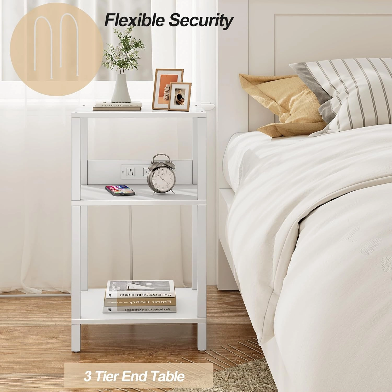 TUTOTAK Record Player Stand with Storage Up to 100 AlbumsRecord Storage Table,3 Tier End Table with Charging Station,Side Table for Living Room, Bedroom, White TB01BW076