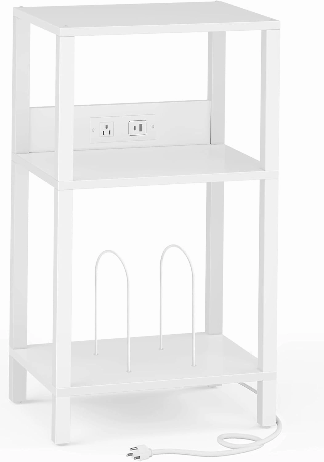 TUTOTAK Record Player Stand with Storage Up to 100 AlbumsRecord Storage Table,3 Tier End Table with Charging Station,Side Table for Living Room, Bedroom, White TB01BW076