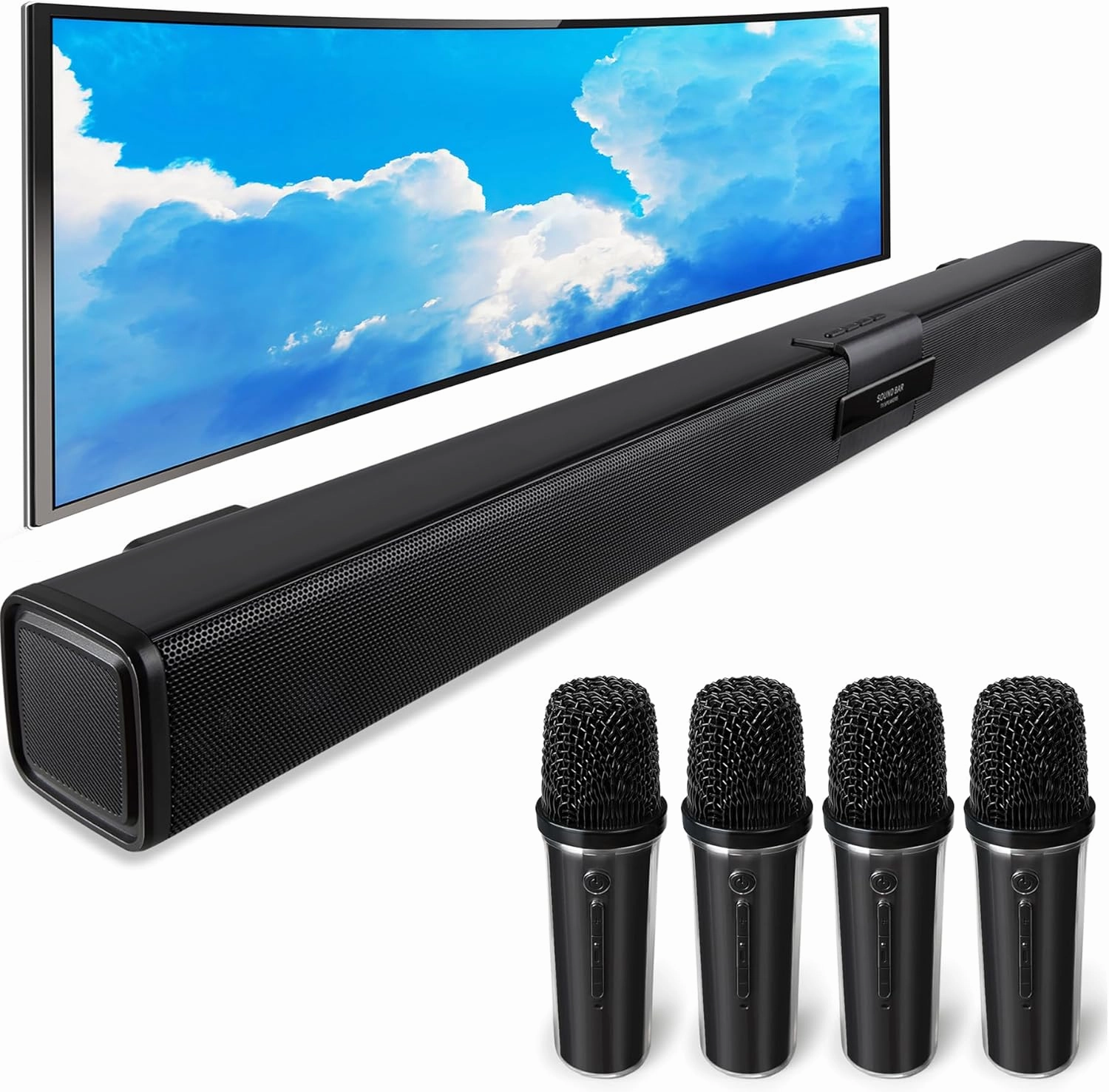 TV Soundbar Speaker with Bluetooth/AUX/USB/TF/Coaxial, Sound Bar for Smart TV with 4 Wireless Microphones, Surround Sound System for TV (Full Black, 4mic) soundbar,TV speaker bar,home theater soundbar,