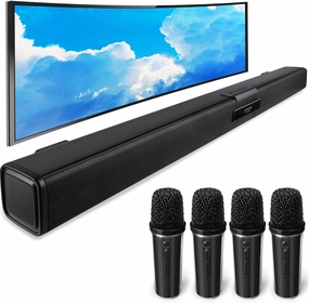 TV Soundbar Speaker with Bluetooth/AUX/USB/TF/Coaxial, Sound Bar for Smart TV with 4 Wireless Microphones, Surround Sound System for TV (Full Black, 4mic) soundbar,TV speaker bar,home theater soundbar,