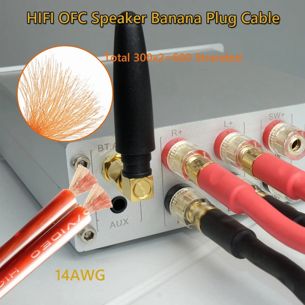 UCINNOVATE 2 Pack 14 AWG Speaker Wire with Banana Plugs, 2X 3m HiFi OFC Speaker Cable with Gold-Plated Right Angle Banana Plugs to Banana Plugs Audio Cable Speaker Cord for Audiophile (3m / 9.8FT)