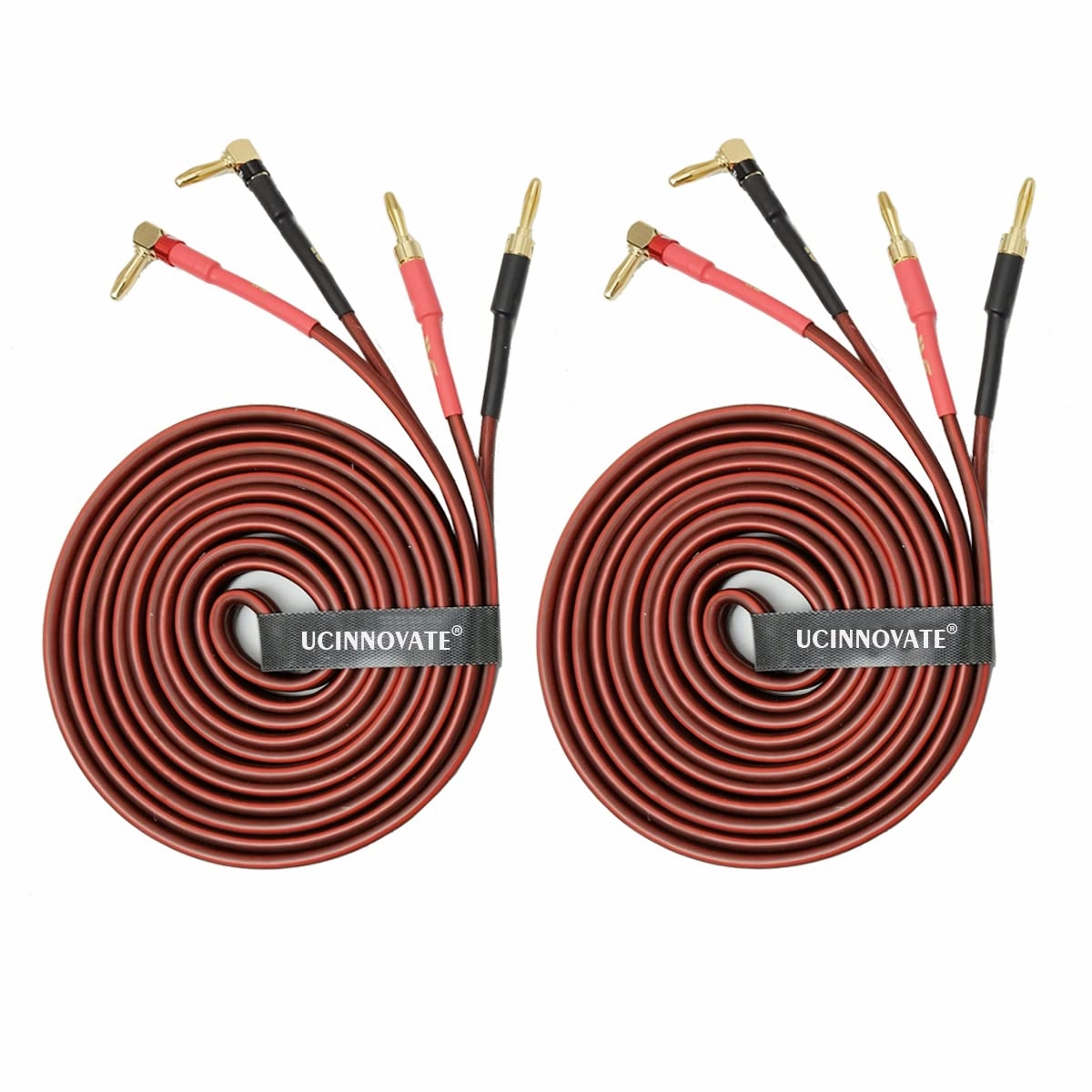 UCINNOVATE 2 Pack 14 AWG Speaker Wire with Banana Plugs, 2X 3m HiFi OFC Speaker Cable with Gold-Plated Right Angle Banana Plugs to Banana Plugs Audio Cable Speaker Cord for Audiophile (3m / 9.8FT)