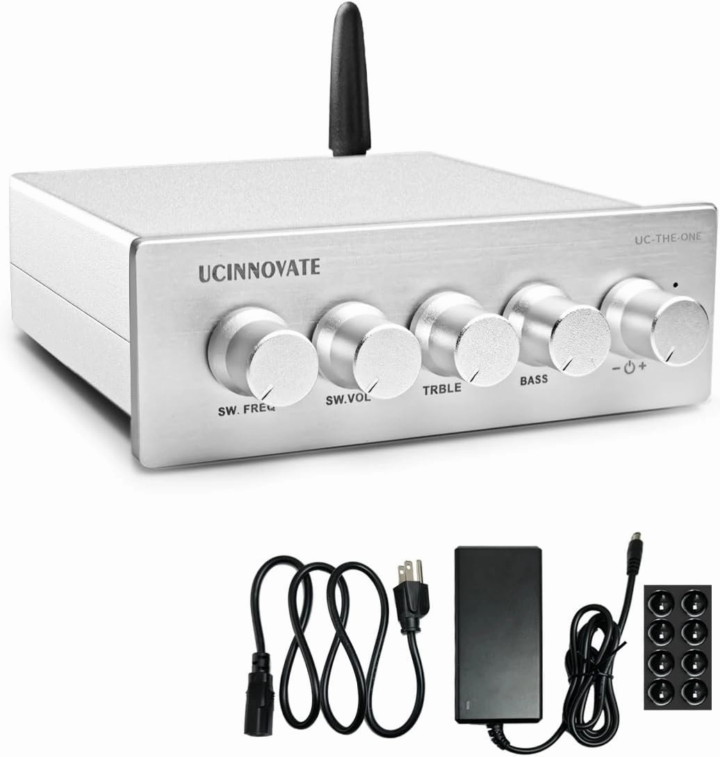 UCINNOVATE Bluetooth 5.0 Stereo Receiver Amp 2.1 Channel Mini Hi-Fi Class D Integrated Amplifier 100W x 2 50W Home Audio Receivers & Amplifiers for Bookshelf Speaker Subwoofer Desktop Passive Speaker integrated amplifier,stereo receiver,hi-fi amp combo