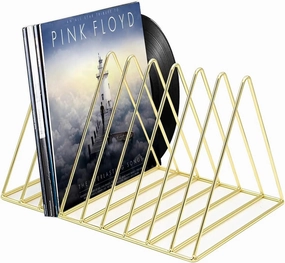 Udreamer 9 Slot Record Holder,Desktop Vinyl Record Storage Holds Up 30 LPs,Metal Magazine Holder Triangle File Holder for Office Homer,Golden vinyl storage,record holder,LP organizer,