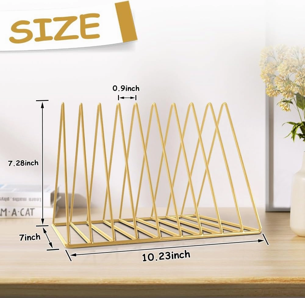 Udreamer 9 Slot Record Holder,Desktop Vinyl Record Storage Holds Up 30 LPs,Metal Magazine Holder Triangle File Holder for Office Homer,Golden