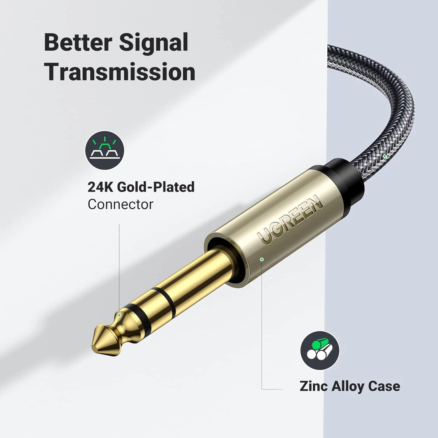 UGREEN 1/8 to 1/4 Stereo Cable 3.5mm TRS to 6.35mm Audio Cable Guitar to Aux Male Cord with Zinc Alloy Housing and Nylon Braid for Guitar, Laptop, Home Theater Devices, Speaker and Amplifiers 16FT