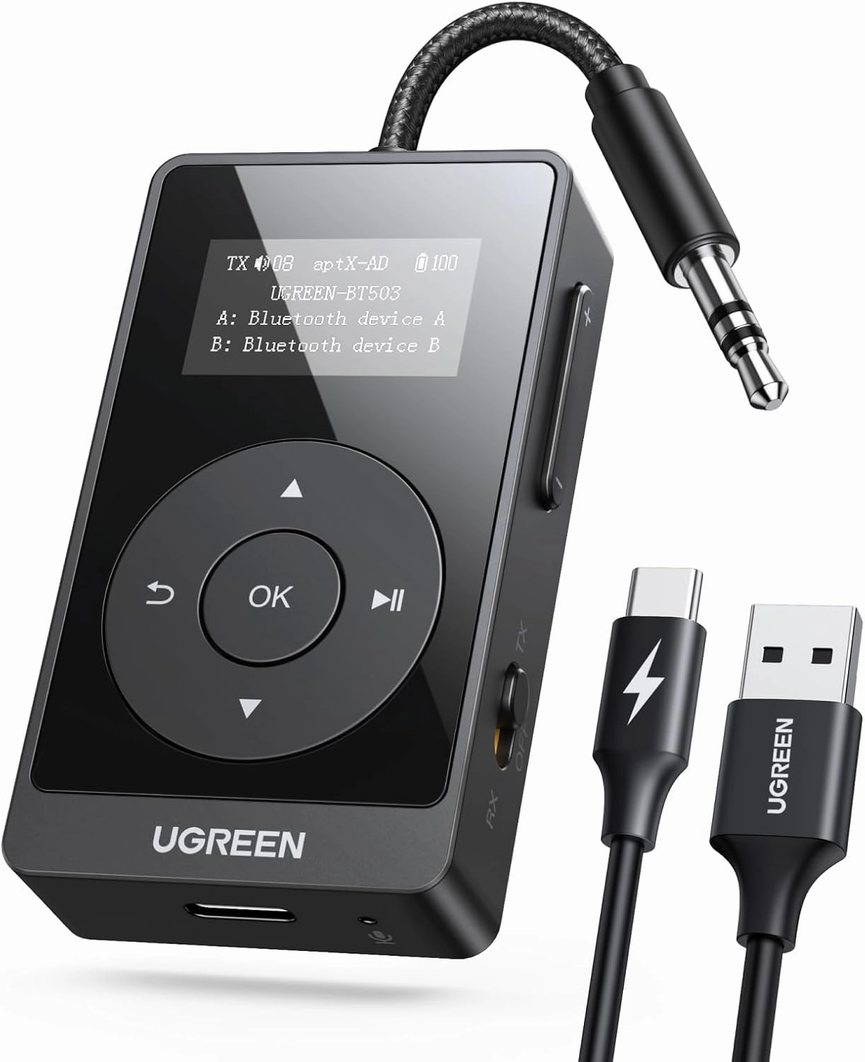 UGREEN Airplane Bluetooth 5.3 Transmitter Receiver for 2 Airpods, AptX Adaptive/HD Audio 3.5m Aux Bluetooth Adapter for Airplane TV Wireless Headphones, Travel Essentials for Flying wireless audio bridge,Bluetooth transmitter,WiFi audio link,