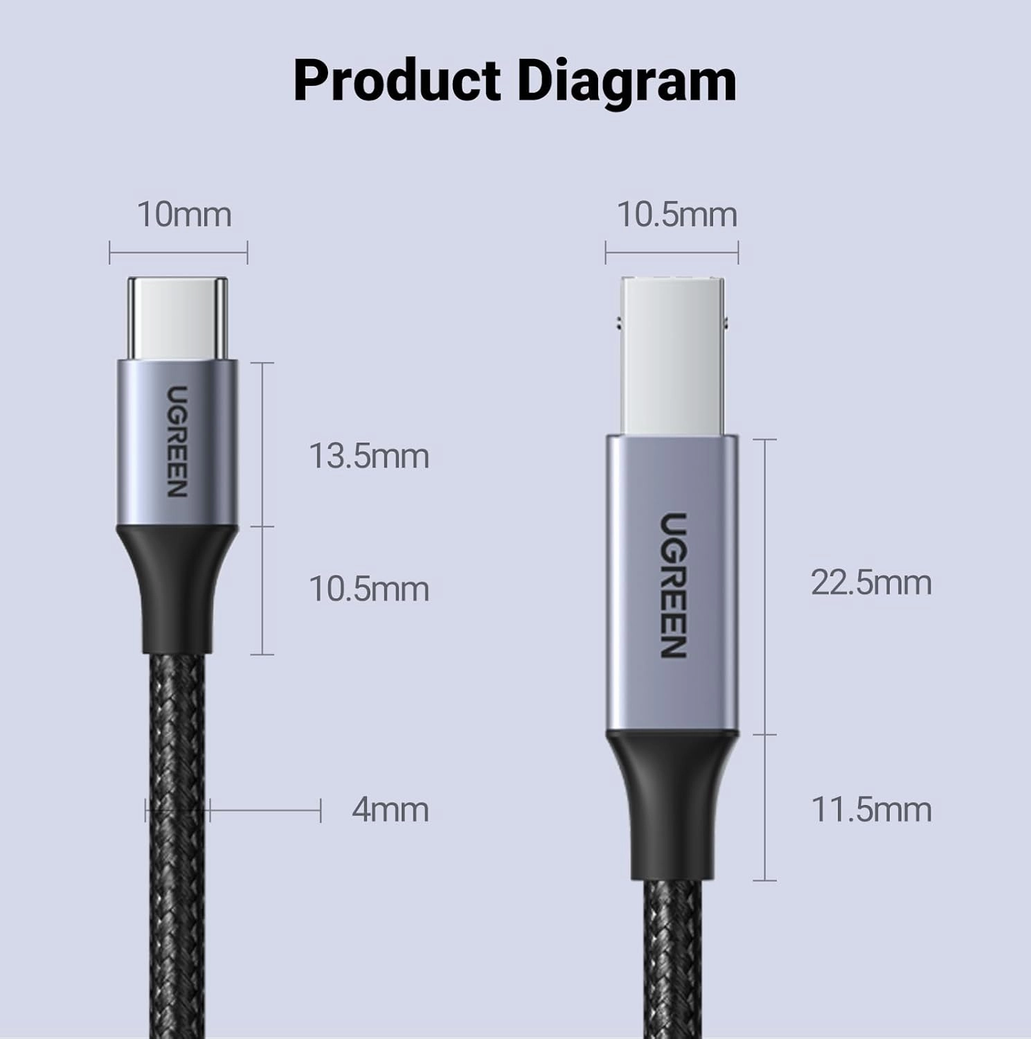 UGREEN USB B to USB C 3 FT Printer Cable, Nylon USB B to C Cord for MacBook Pro/Air, MIDI Cable Compatible with Yamaha Piano Keyboard, DAC, DJ Controller for iPad