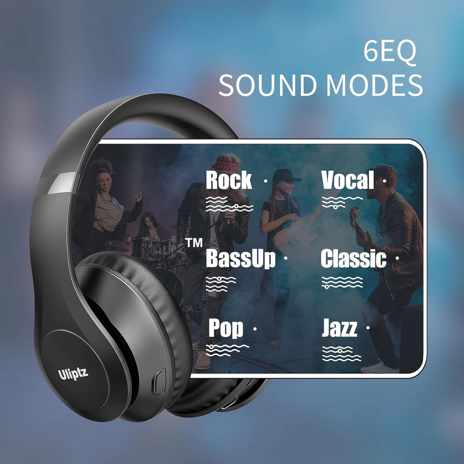 Uliptz Wireless Bluetooth Headphones, 65H Playtime, 6 EQ Sound Modes, HiFi Stereo Over Ear Headphones with Microphone, Foldable Lightweight Bluetooth 5.3 Headphone for Travel/Office/Cellphone/PC