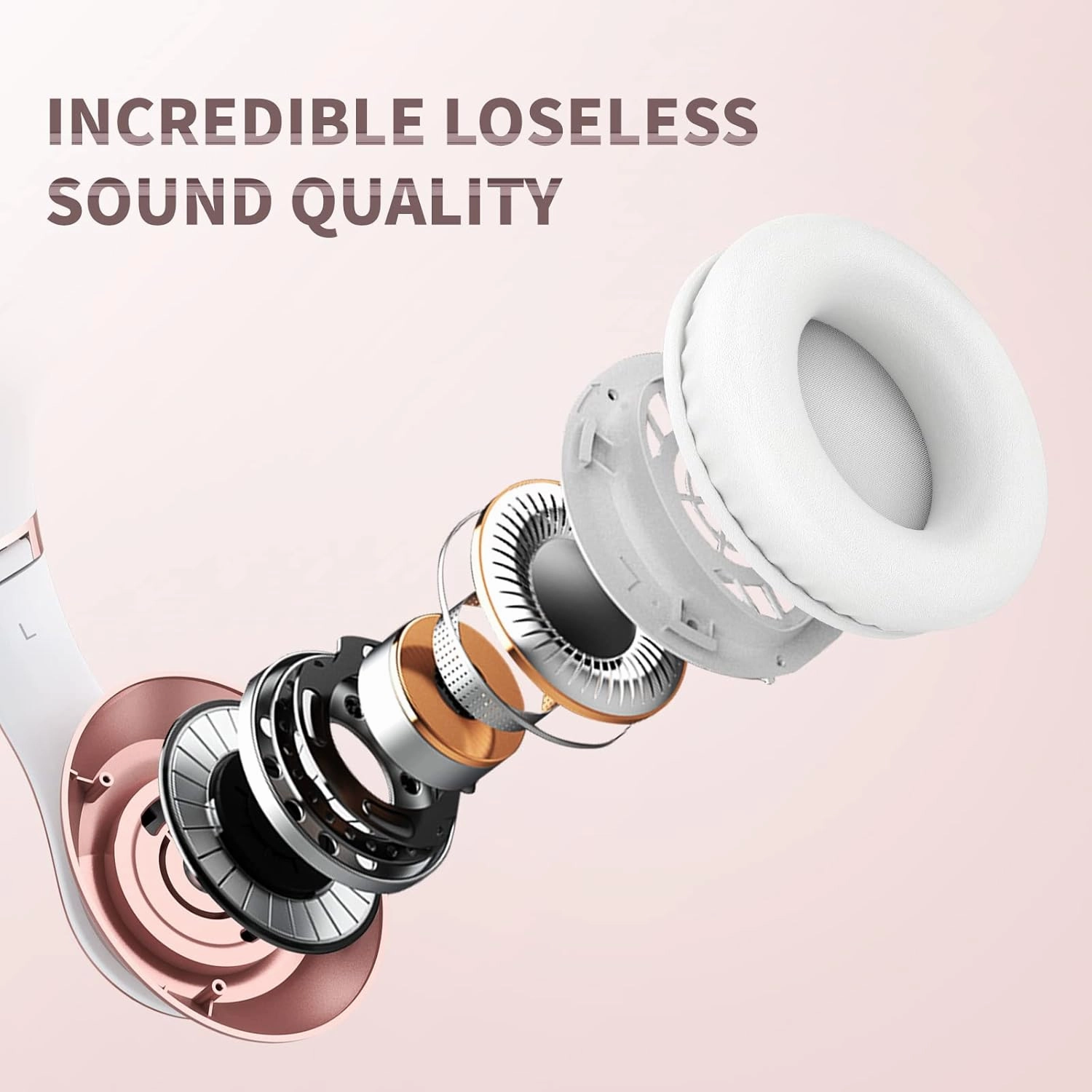 Uliptz Wireless Bluetooth Headphones, 65H Playtime, 6EQ Sound Modes, HiFi Stereo Over Ear Headphones with Microphone, Foldable Bluetooth 5.3 Headphone for Travel/Office/Cellphone/PC (Rose Gold)